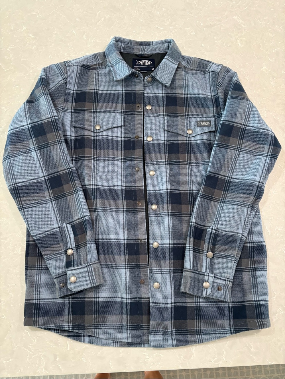 AFTCO Men's Light Blue and Navy Plaid Button-Down Shirt